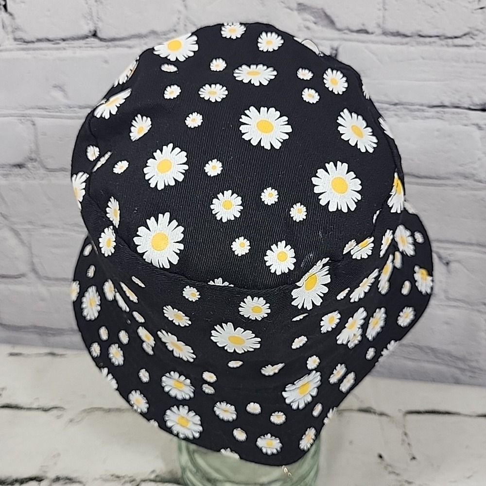 Retro Y2K Bucket Hat Womens OS Black Yellow Reversible Daisy‎ Print Sun Cap - Picture 3 of 11